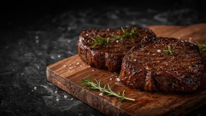 Spiced grilled beef steaks placed on a neutral background, ideal for layout design