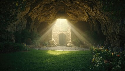 Jesus Christ's empty tomb illuminated, symbolizing rebirth and redemption, Christian holiday imagery