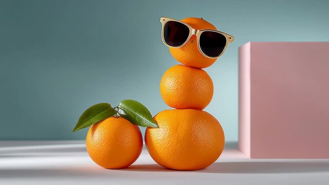 A group of oranges are stacked on top of each other with a leaf on top of the middle orange and sunglasses on top of the top orange. The sunglasses give the oranges a fun and playful appearance