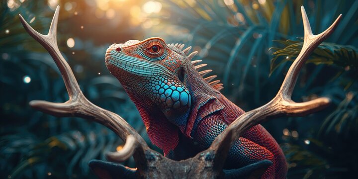 Skull, agama lizard, and antlers, suitable for wildlife-themed UI backdrop