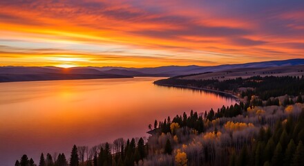 Naklejka premium Vibrant Sunset Over Serene Lake and Forest Landscape.