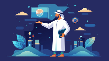 Arab man in traditional clothing presenting a digital screen with a globe representing global business and technology in a modern city