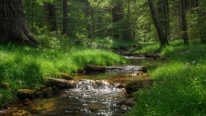 Naklejka premium Forest scene in summer featuring a small stream, water flowing past trees and grass