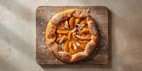 Close-up of a French apricot galette with almonds and powdered sugar, ideal for a bakery display