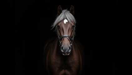 Fototapeta premium Black background highlights the old dressage horse with a distinctive white forehead marking, focusing on equine anatomy