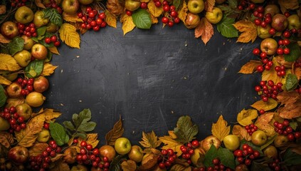 Colorful fall foliage with yellow, green, and red leaves, apples, and berries on a black chalkboard, seasonal background for autumn projects, World Malaria Day