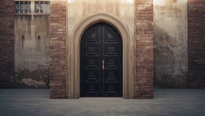Traditional architecture featuring a black wooden door on an old building in Doha Qatar