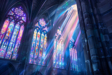 Illuminated gothic cathedral interior with colorful stained glass windows
