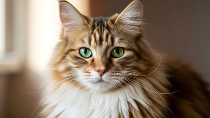 Fototapeta premium Close-up of a Fluffy Maine Coon Cat with Green Eyes Indoors