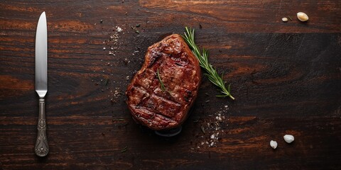 Top-down view of seasoned grilled ribeye beef steak, highlighting preparation for flavor enhancement, National BBQ Month