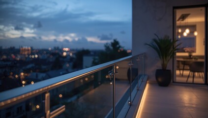 Contemporary house balcony featuring a railing of glass panels secured by stainless steel handles, emphasizing transparency and modernity