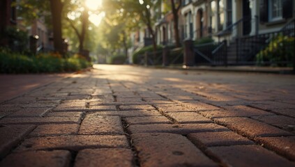 Fototapeta premium Red brick pavement with abstract texture serving as a city street flooring surface, suitable for urban layout design