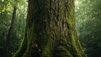 Obraz premium Close-up of a mossy tree trunk, ideal for nature-themed UI backdrops