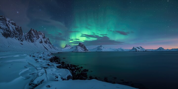 Aurora borealis illuminating icy terrain and rocky shoreline at night, highlighting winter landscape features - Powered by Adobe