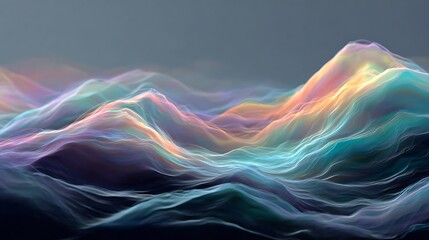 Colorful waves of motion flowing like iridescent fabric across a dark landscape with vibrant hues of pink, blue, and yellow, creating a mesmerizing abstract scene