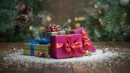 Christmas-themed background with gift boxes, ribbons, and winter snow for holiday celebration, layout