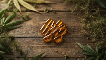 Clear capsules and oil on wooden surface, designed for supplement packaging and organization, World Health Day