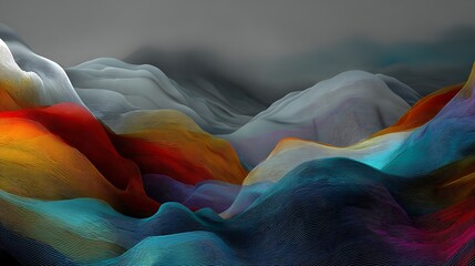 Vibrant colorful waves of motion with slow motion effect on textured fabric, abstract background with dynamic flowing patterns and hues of red, blue, orange, and gray