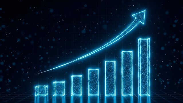 Illuminated digital bar graph with an upward arrow signifying business growth, financial success, market trend analysis, and technological progress - Powered by Adobe