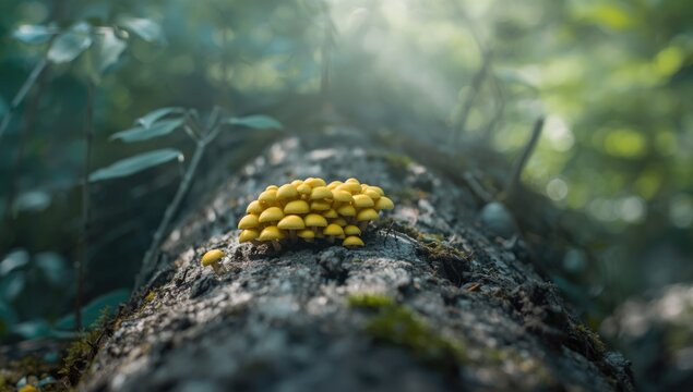 Woodland scene with sulfur tuft fungi attached to a tree trunk, highlighting forest biodiversity