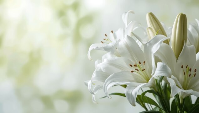 Detailed view of white lilies with fresh green buds, emphasizing natural beauty and renewal, ideal for botanical design