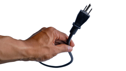 Hand Holding Power Plug Cord Against White Background for Electrical Accessory Stock Photo