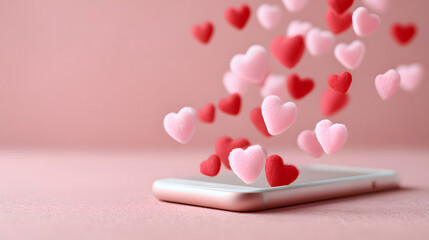 Pink and red 3D hearts flying out of smartphone screen on pink background, social media love concept