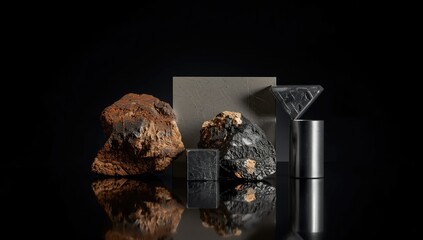 Bauxite mineral alongside aluminum shapes arranged on dark backdrop, highlighting raw material and fabrication