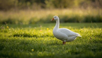 Obraz premium Farmyard scene with a white goose on green grass during spring, highlighting rural agriculture