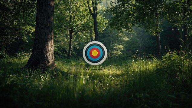 Archery target with arrows nestled in a wooded area, highlighting precision and nature-based activity