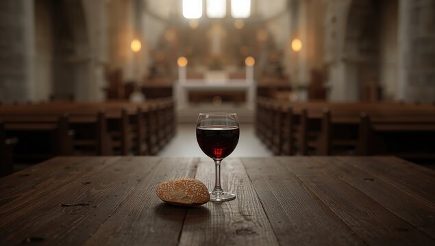 Birds eye perspective of Communion ceremony on aged wooden surface within a church, highlighting ritual significance, religious observance