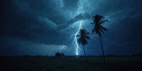 Palm trees silhouetted against an electric storm focusing on atmospheric phenomena, Earth Day