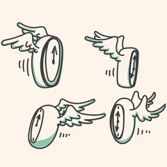 hand drawn doodle clock with wings flying collection