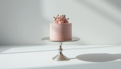 Pink frosted cake with dried rose buds on a silver cake stand, ideal for wedding or romantic event decoration