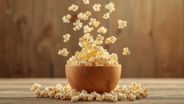 Close-up of popcorn being poured into a bowl against a wooden background, highlighting snack assembly - Powered by Adobe