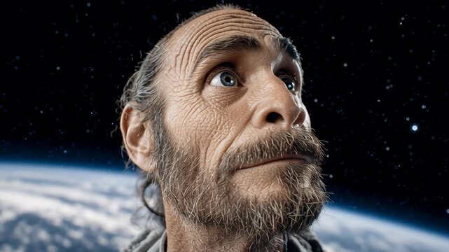 A man with a beard and a surprised expression is looking at the camera. The image has a space theme and the man is looking at the camera as if he is looking at something in space