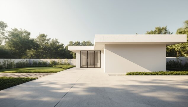 Modern minimalist house with sleek white and grey exterior, emphasizing simplicity and functional design