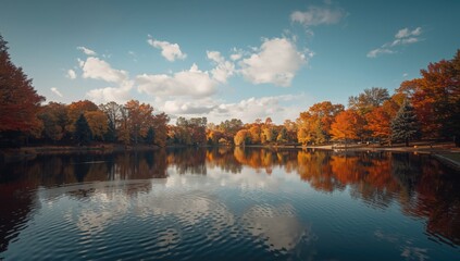 Autumn foliage mirrors on a pond in a park, illustrating seasonal transition for Earth Day