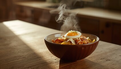Homemade Asian noodle dish featuring egg, cheese, and chili chicken, suitable for breakfast or appetizer with spicy profile