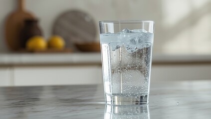 Macro view of a transparent water glass with light reflections, highlighting cleanliness and refreshment, suitable for health promotion