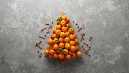 Orange-shaped tree sculpture placed on gray stone, highlighting decorative fruit art