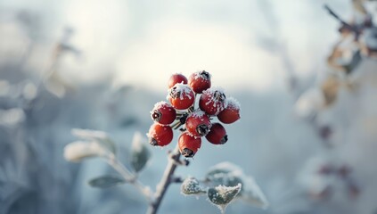 Wild rose hips frozen in gentle morning light, suitable for seasonal herbal preparations
