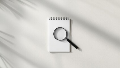 Open white notepad and magnifying glass on a copy space background for office or school setting