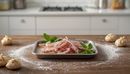 Seafood market scene with fresh squid arranged on a white tray, highlighting food safety and quality control, World Oceans Day