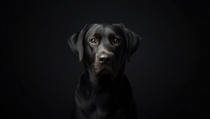 Black Labrador dog in a close-up shot with a dark backdrop, breed features