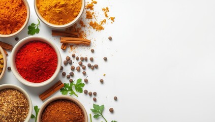 Variety of spice-filled bowls prepared for food flavoring, ingredient diversity and culinary application