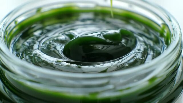 Dark green paste being poured into a jar, close up abstract view
