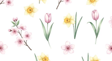 Watercolor Spring Flowers Seamless Pattern on Black