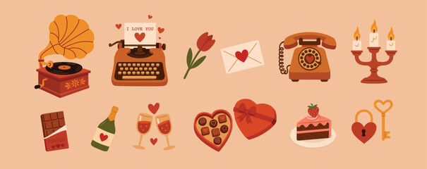 Set of vector illustrations. Valentine's Day. Retro items. Vintage stickers. Postcard design. Large collection. Retro-themed stickers. Gifts. Designer prints.