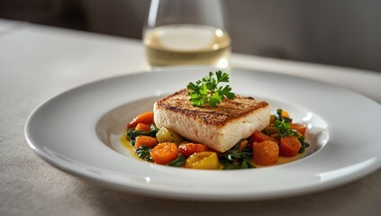 Cooked fish fillet accompanied by colorful vegetables on a white dish, focusing on nutritious meals